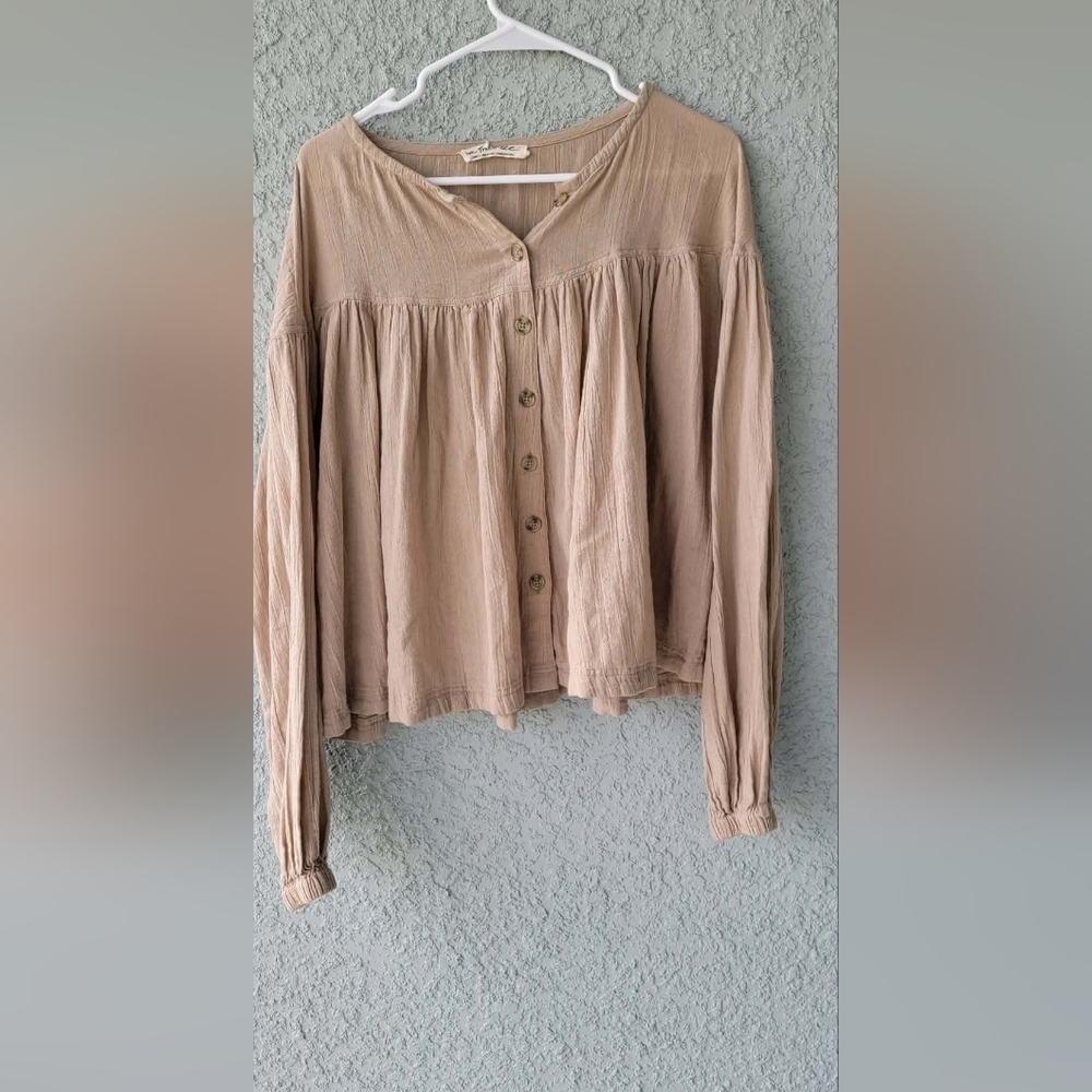 We The Free Oversized Taupe Button-Front Blouse
